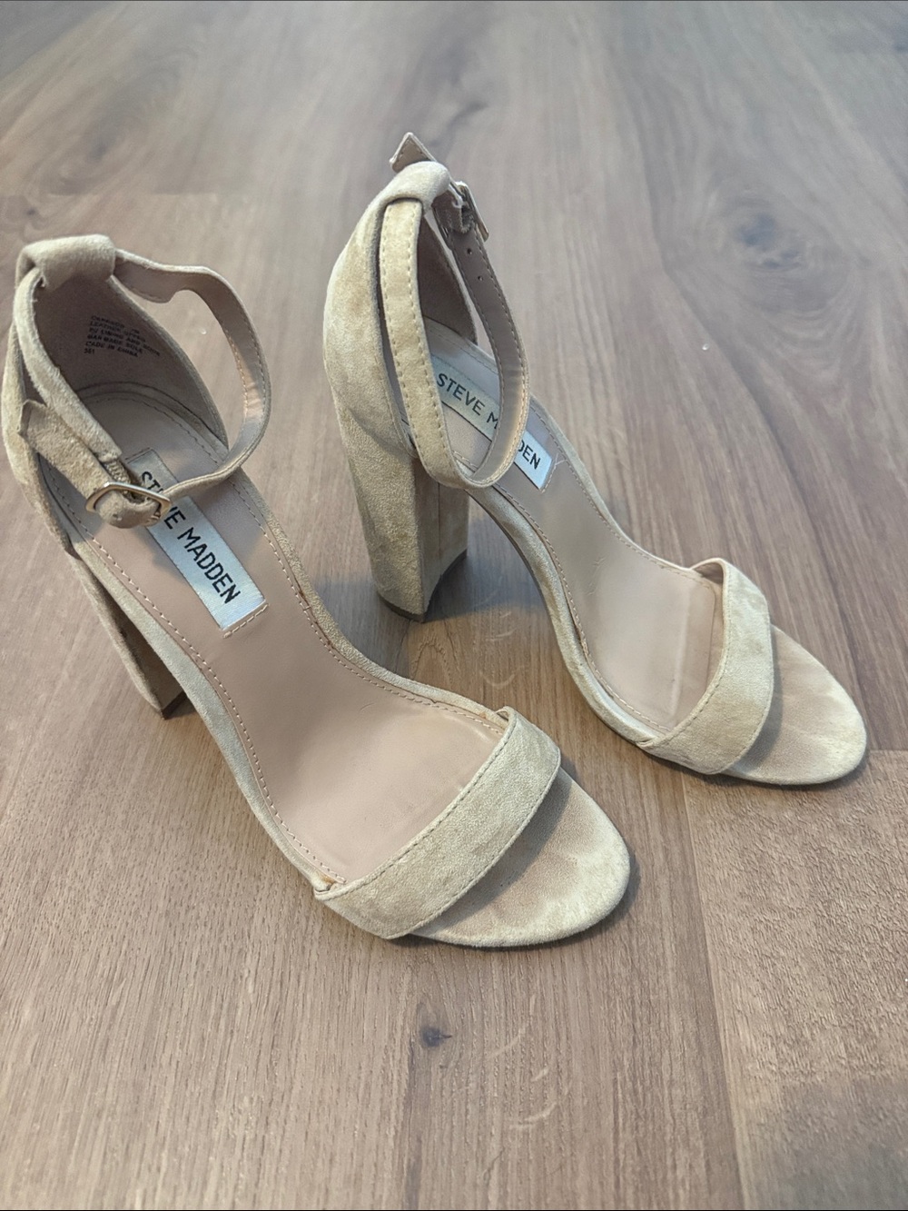 Steve Madden Carrson heels nude tan suede with ankle strap and simple toe strap